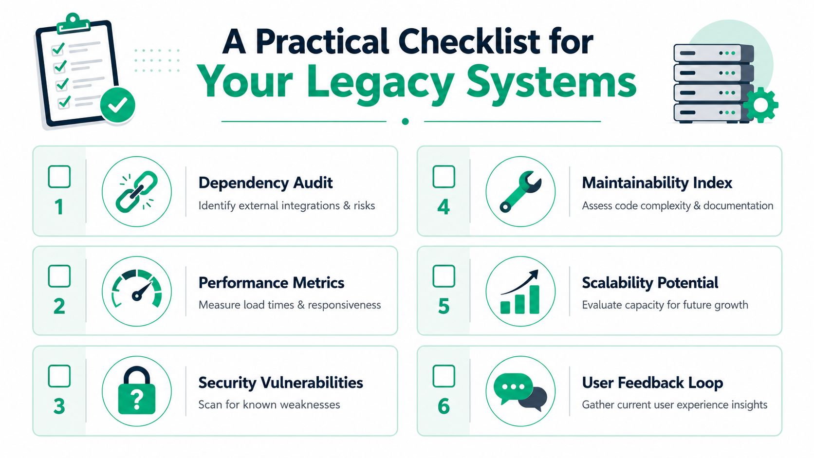 A checklist graphic for evaluating and modernizing legacy software systems covering six critical assessment areas.
