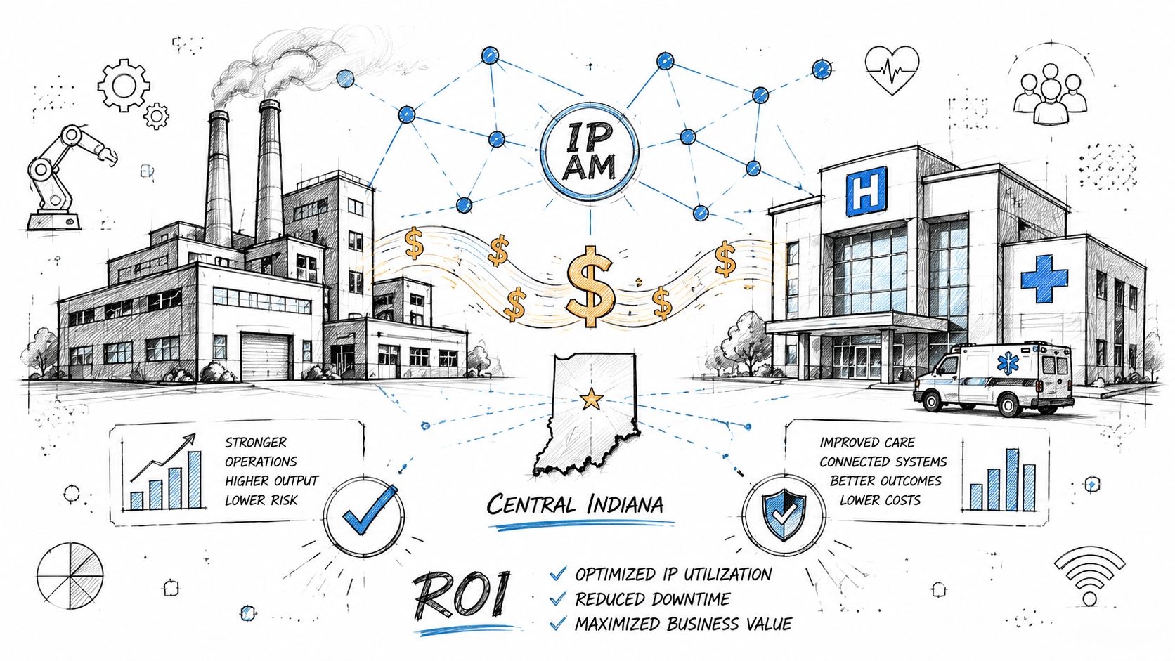 A hand-drawn illustration depicting IPAM connectivity between a factory and a hospital in Central Indiana for ROI.