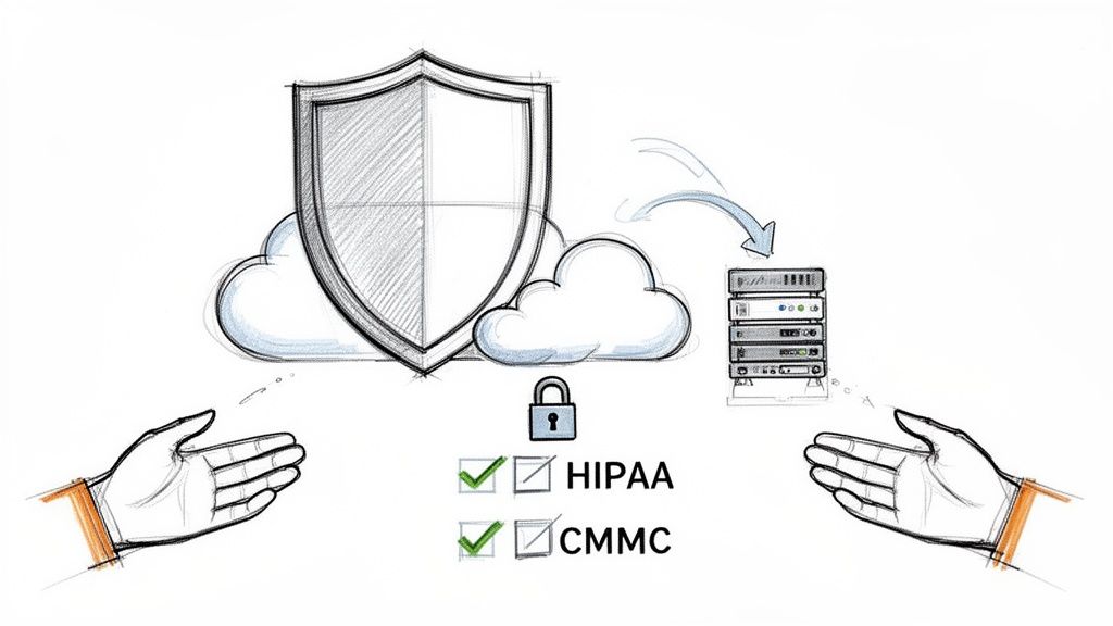 Illustration of cloud security with a shield, padlock, and compliance with HIPAA and CMMC standards.
