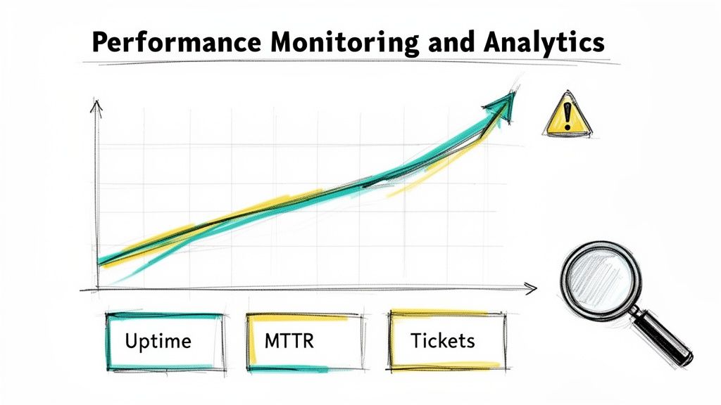 A sketch illustrating performance monitoring and analytics, with an upward trend graph, alert, magnifying glass, and metrics uptime, MTTR, and tickets.