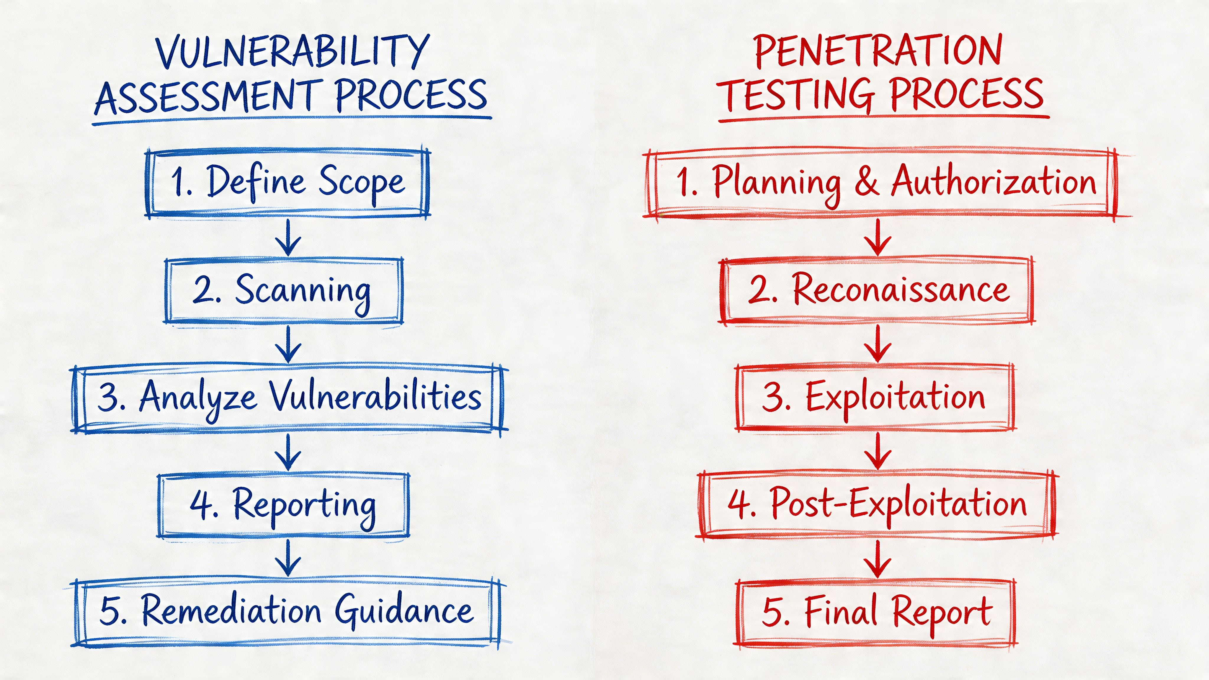 A comparison chart showing the step-by-step processes for vulnerability assessment versus penetration testing in cybersecurity.