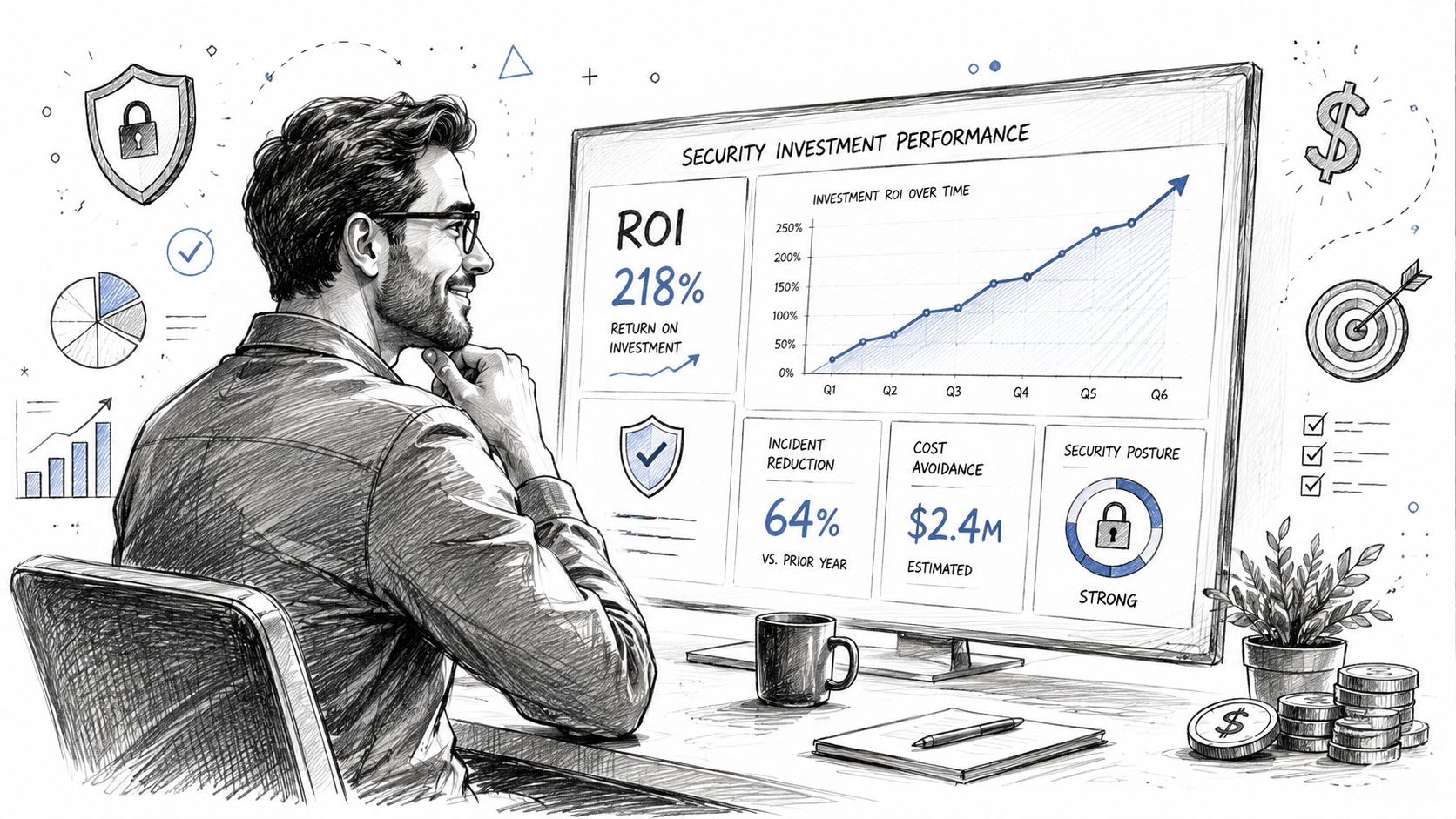 A professional man reviewing positive security investment performance metrics and ROI data on a large computer screen.