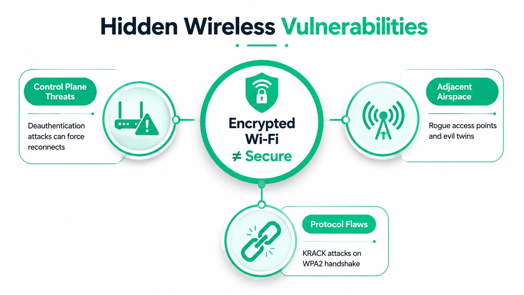 A diagram illustrating three key hidden wireless security vulnerabilities, emphasizing that encrypted Wi-Fi is not necessarily secure.