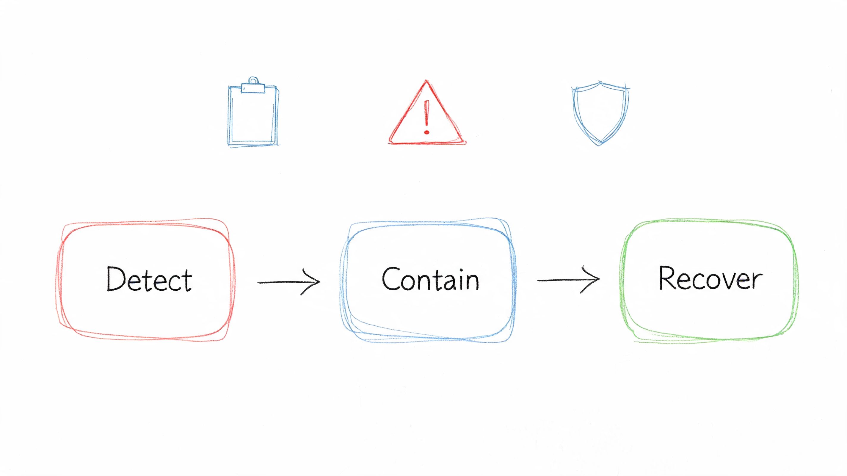 A hand-drawn process flowchart illustrating cybersecurity steps Detect, Contain, and Recover with corresponding icons.