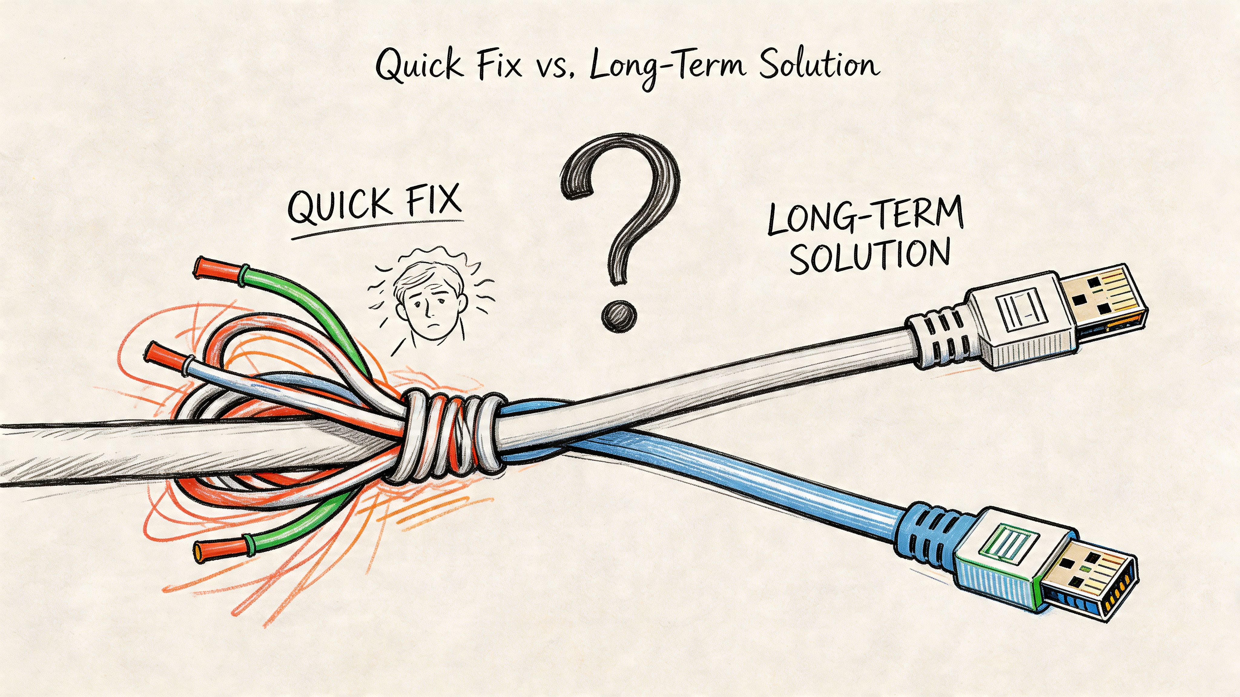 A hand-drawn illustration contrasting a messy, spliced Ethernet cable with a clean, functional USB cable.