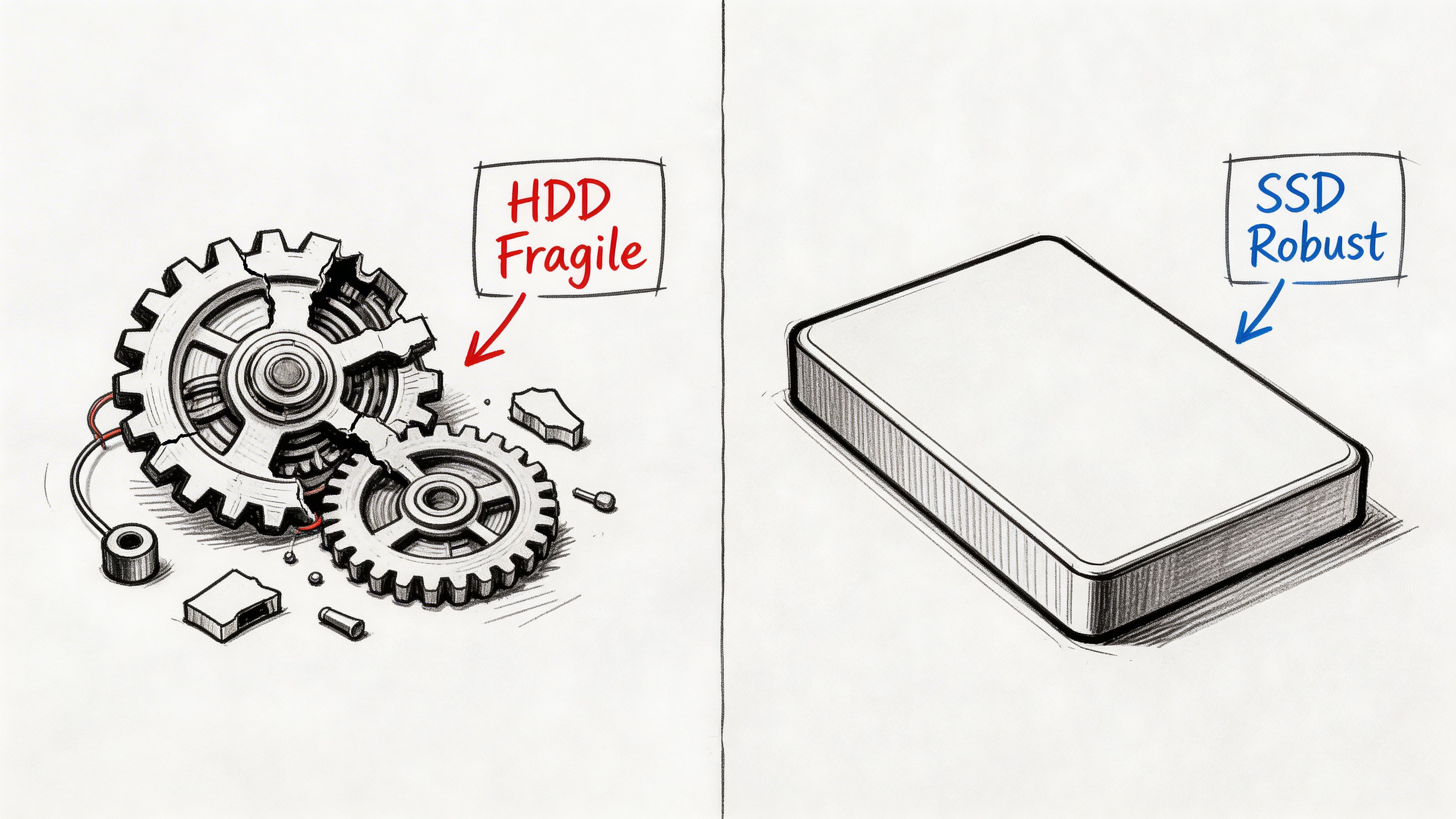 A conceptual comparison illustration showing a broken mechanical gear system representing a fragile hard drive versus a sturdy solid-state drive.