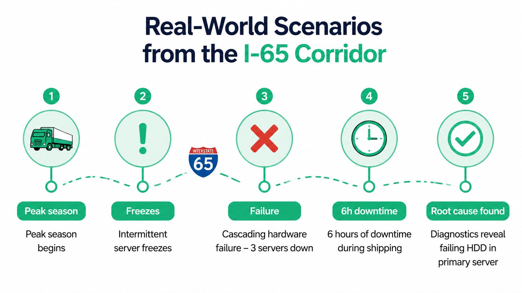 A five-step infographic illustrating a real-world server failure scenario during the peak shipping season.