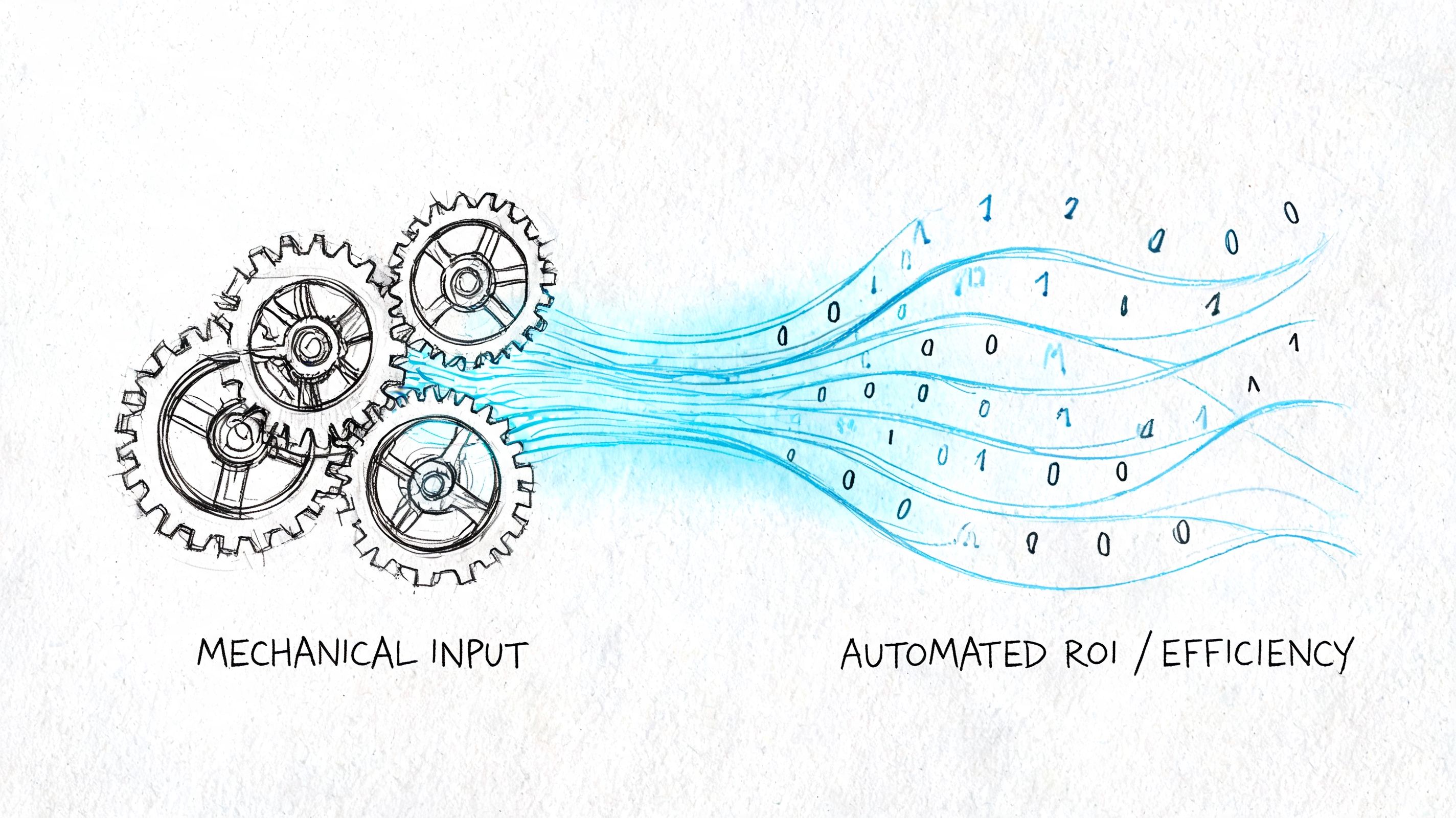 A digital illustration showing mechanical gears transforming into data streams representing automated efficiency and ROI.