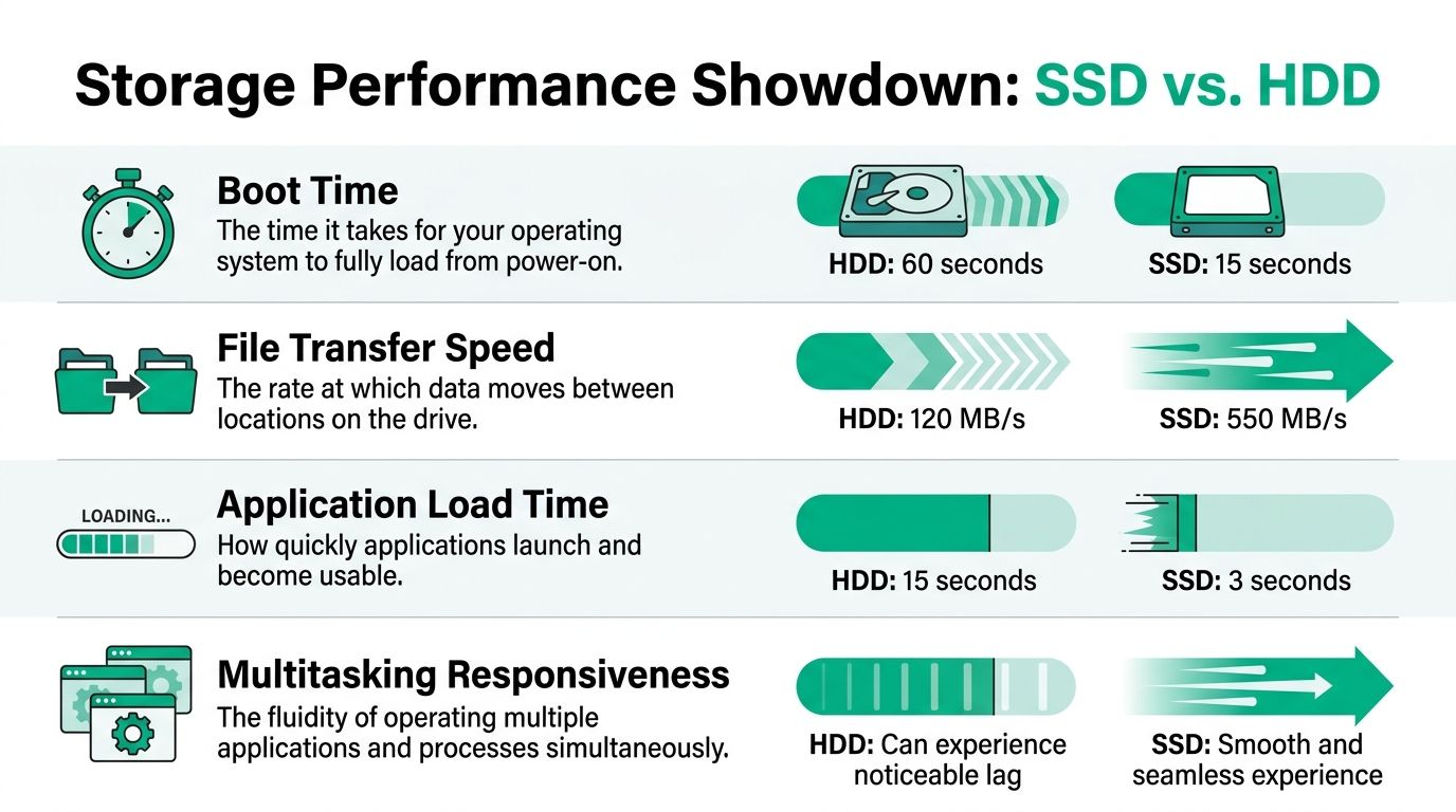 A comparison chart showing the performance differences between solid state drives and hard disk drives across four metrics.