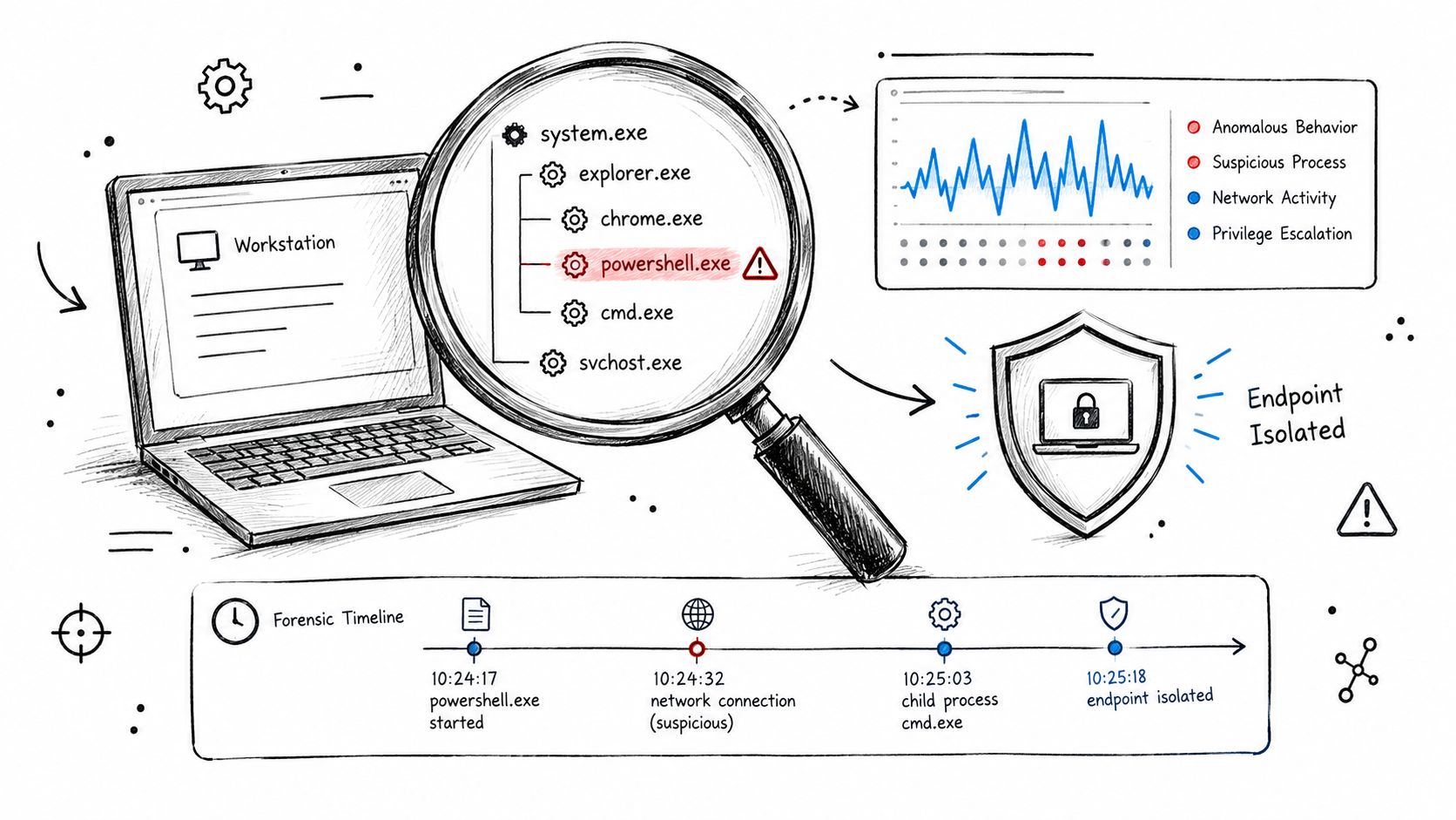 A hand-drawn illustration depicting endpoint security monitoring, showing process trees, forensic timelines, and automated isolation responses.