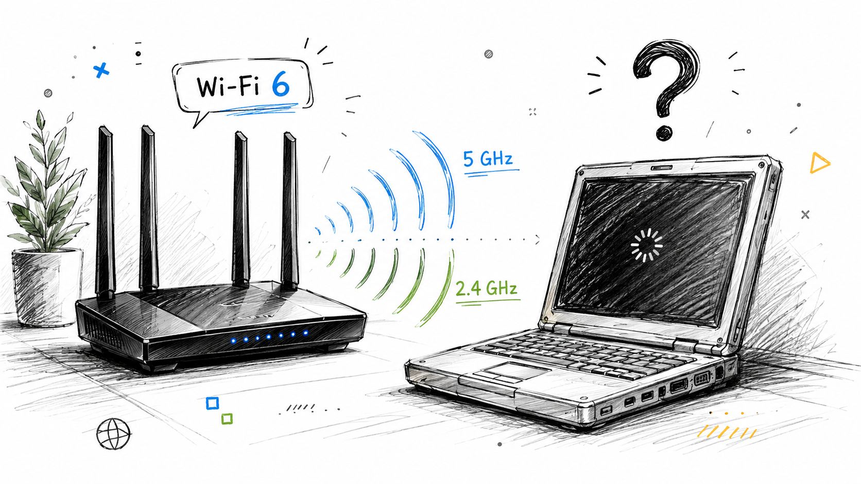 A hand-drawn illustration showing a Wi-Fi 6 router connecting to a laptop that displays a loading icon.