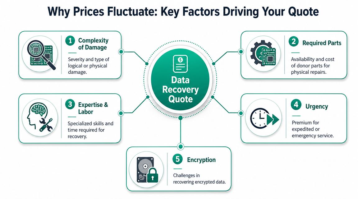 An infographic titled Why Prices Fluctuate showing five key factors influencing data recovery service costs.