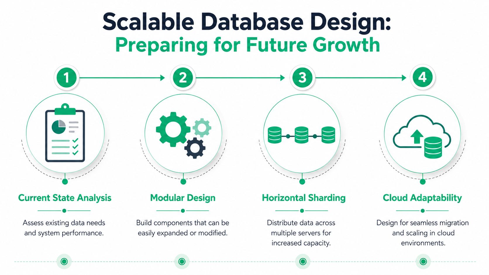 A four-step infographic illustrating a process for scalable database design including analysis, modularity, sharding, and cloud adaptation.