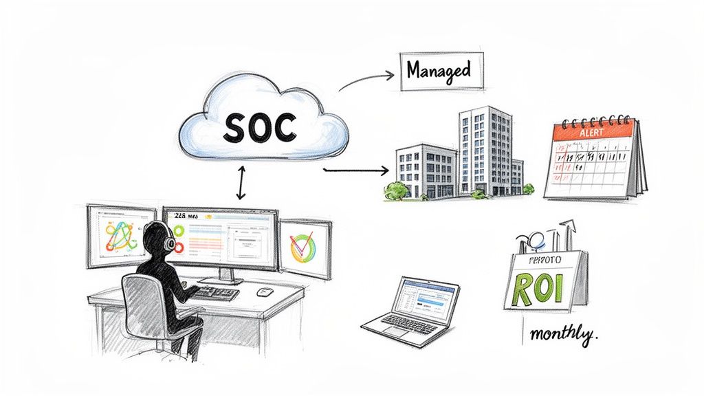 Diagram showing managed SOC services, security monitoring, alerts, and monthly ROI for businesses.
