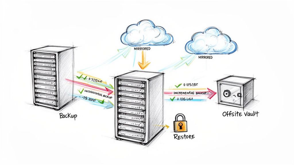 Diagram illustrating a data backup strategy with servers, cloud mirroring, and an offsite vault for disaster recovery.