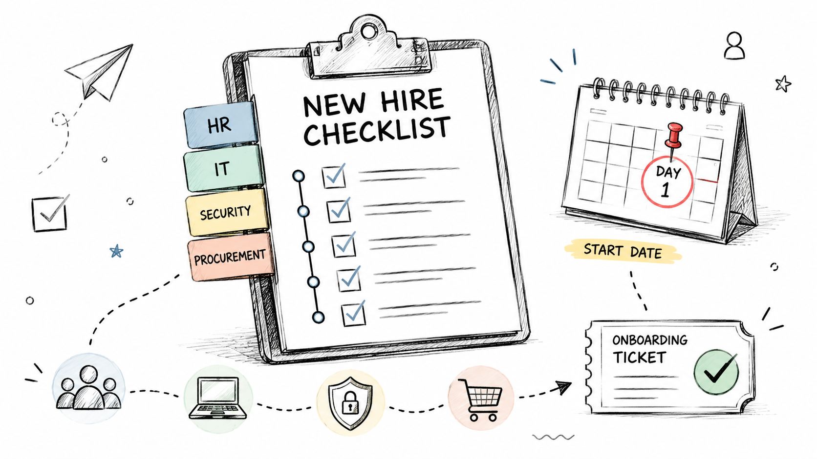 A hand-drawn illustration showing a new hire checklist, calendar, and workflow icons for employee onboarding.