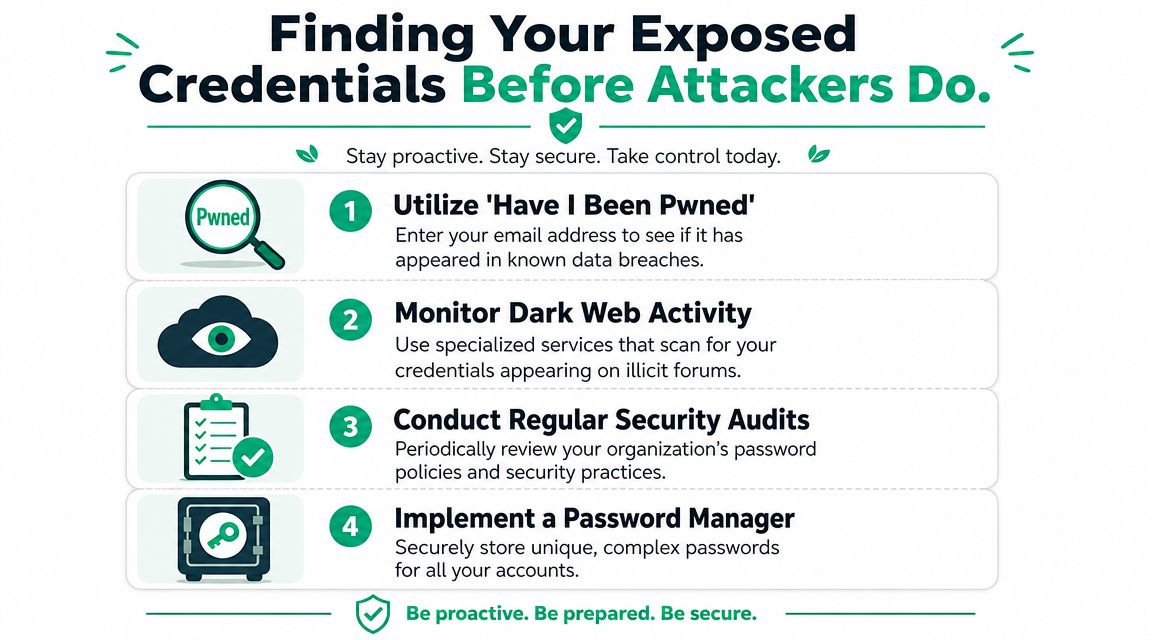 An infographic titled Finding Your Exposed Credentials Before Attackers Do, outlining four essential security steps for individuals.