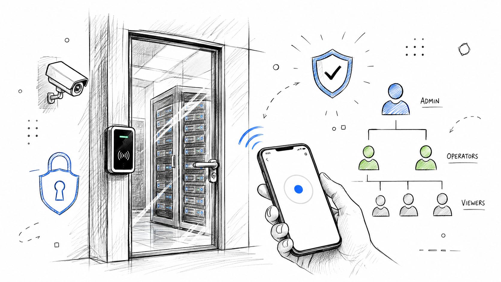 A hand holding a smartphone to unlock a secure server room door using mobile access control technology.