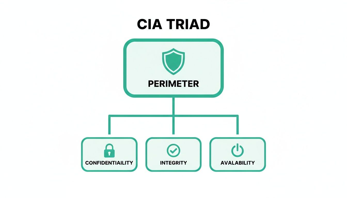 Diagram illustrating the CIA Triad principles: Confidentiality, Integrity, and Availability, under a Perimeter concept.