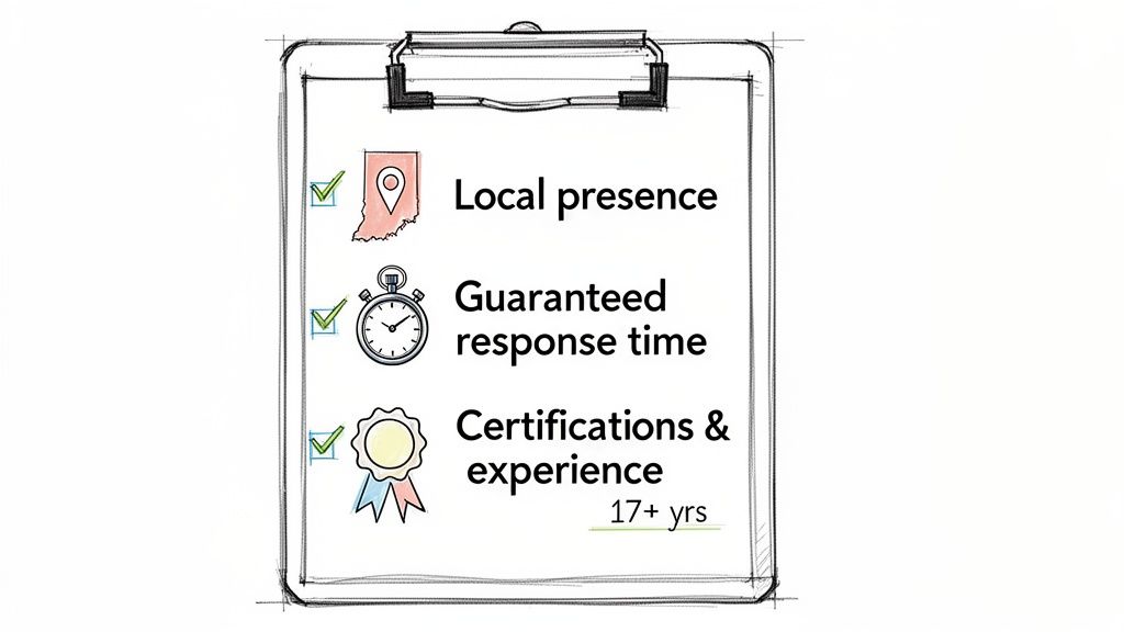 A clipboard listing three key business benefits: local presence, guaranteed response time, and 17+ years of certifications and experience.