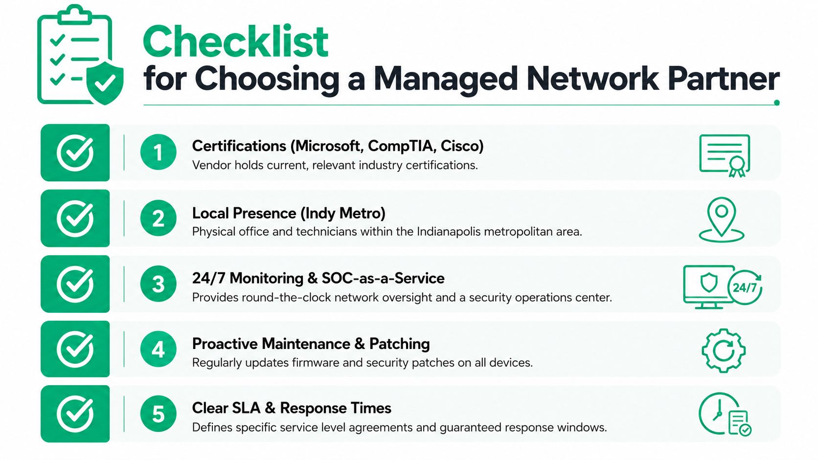 A five-point checklist for choosing a managed network partner, listing essential criteria like certifications and support.