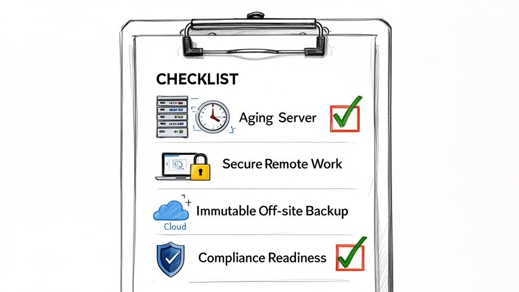 A hand-drawn checklist on a clipboard detailing IT management tasks, with some items checked.