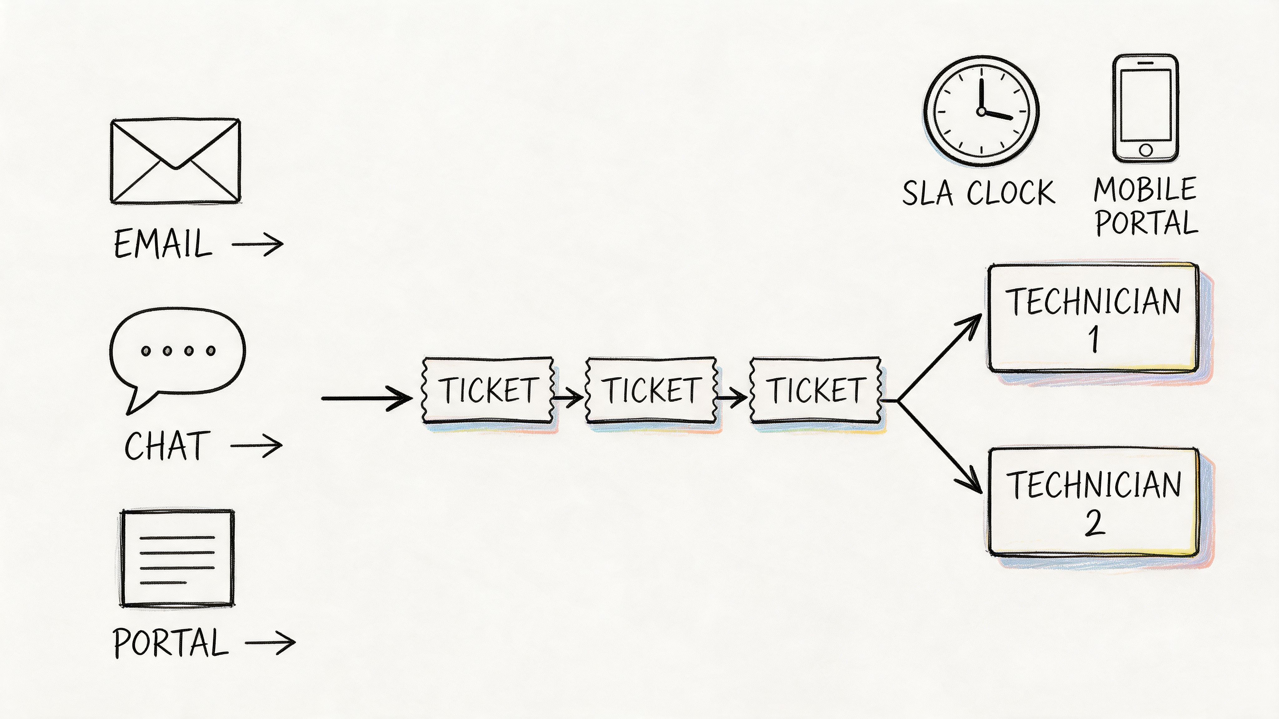 A diagram illustrating the IT service desk workflow from ticket submission via various channels to technicians.