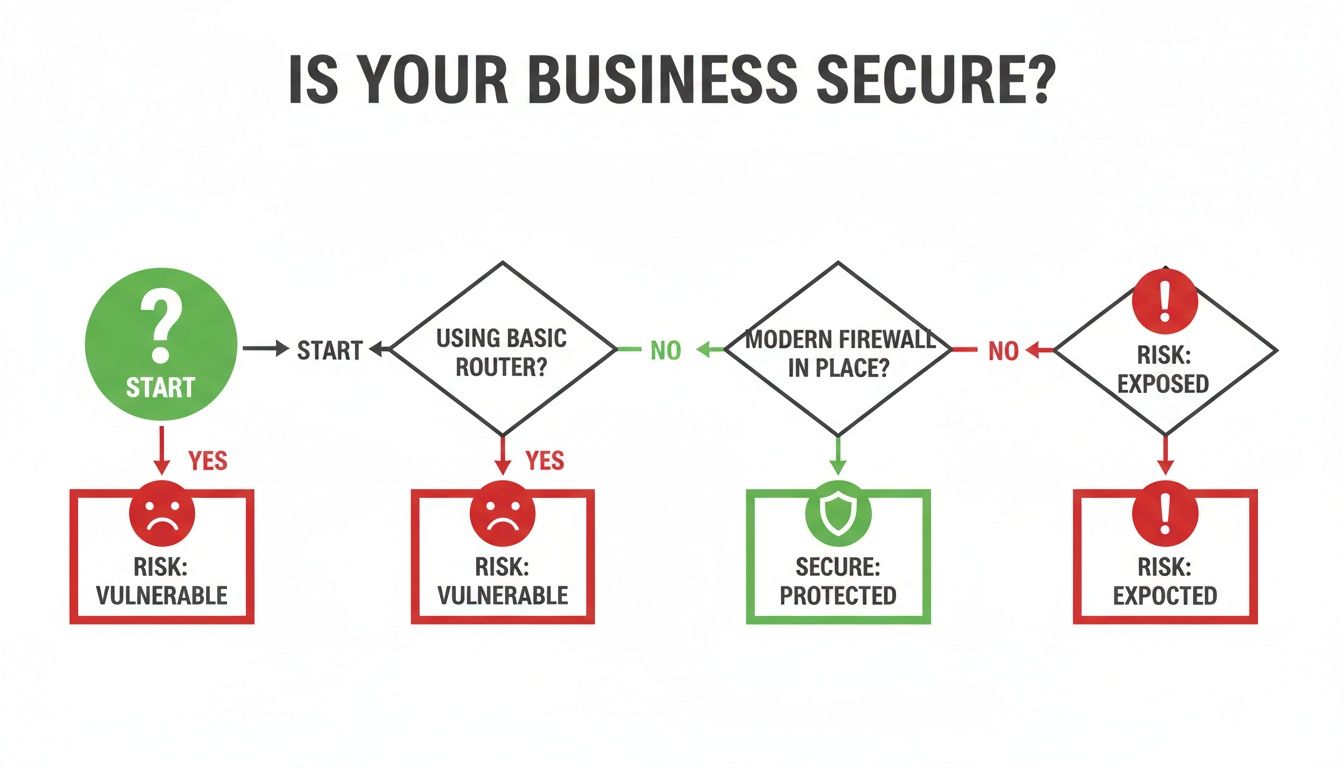 Flowchart on business security, assessing router and firewall for vulnerable, protected, or exposed risks.