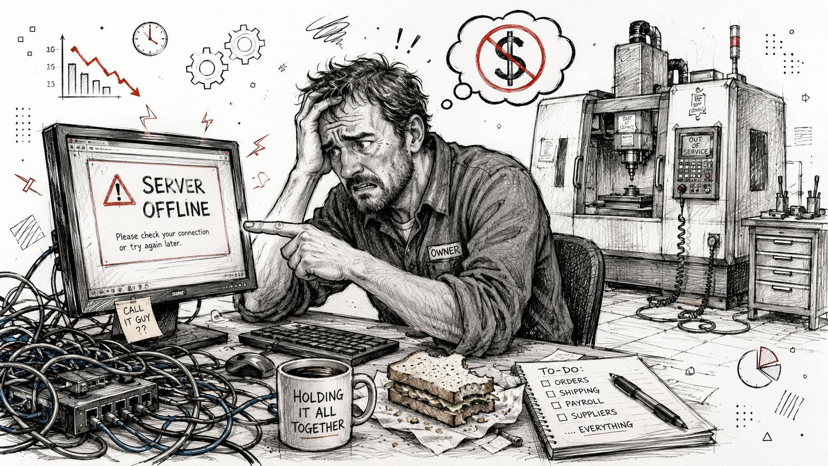 Stressed factory owner looking at a computer screen showing server offline while surrounded by equipment issues.