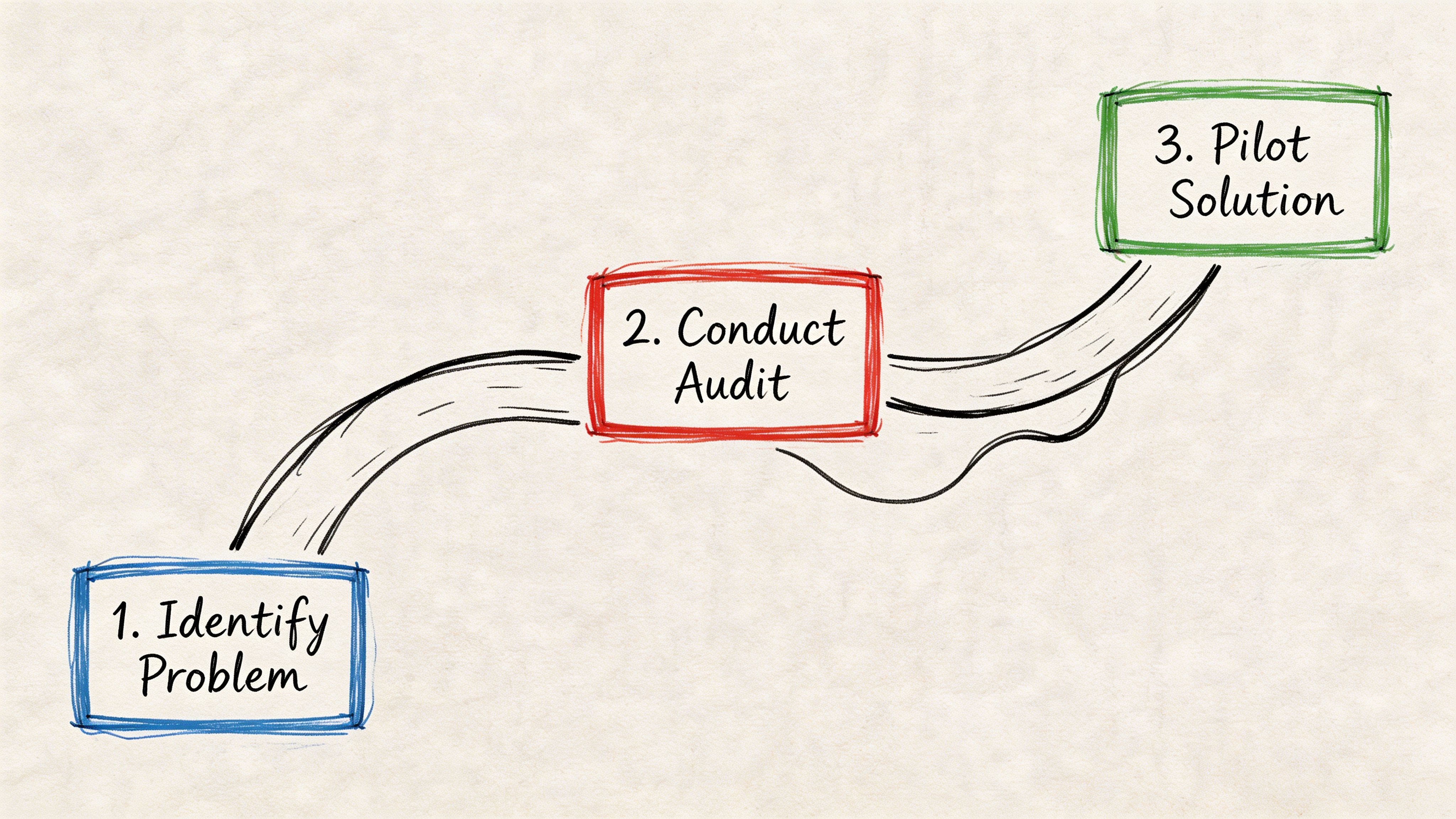 A hand-drawn process flow chart illustrating three steps: Identify Problem, Conduct Audit, and Pilot Solution.