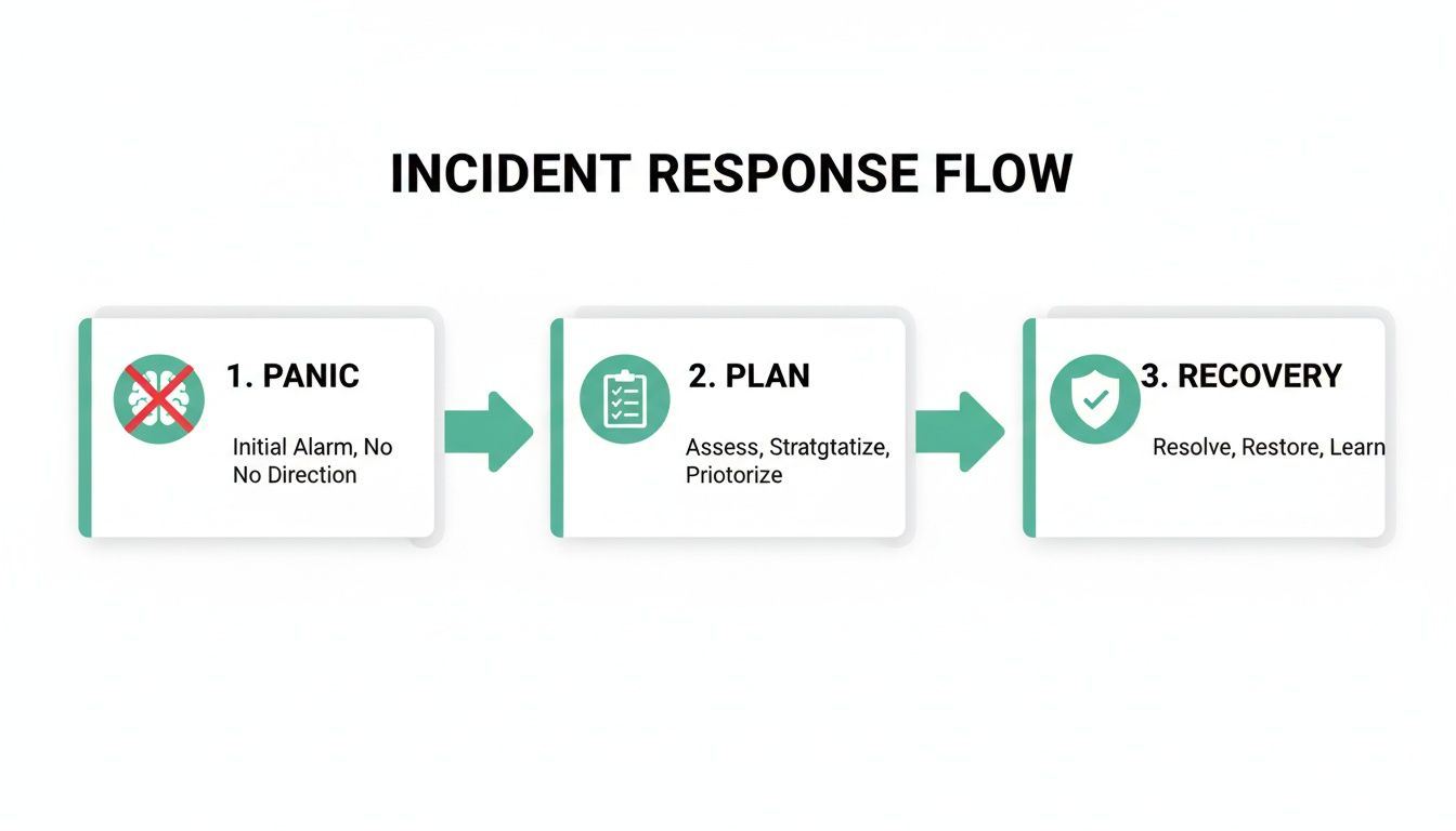 A three-step incident response flow: Panic, Plan, and Recovery, outlining essential actions during a security incident.