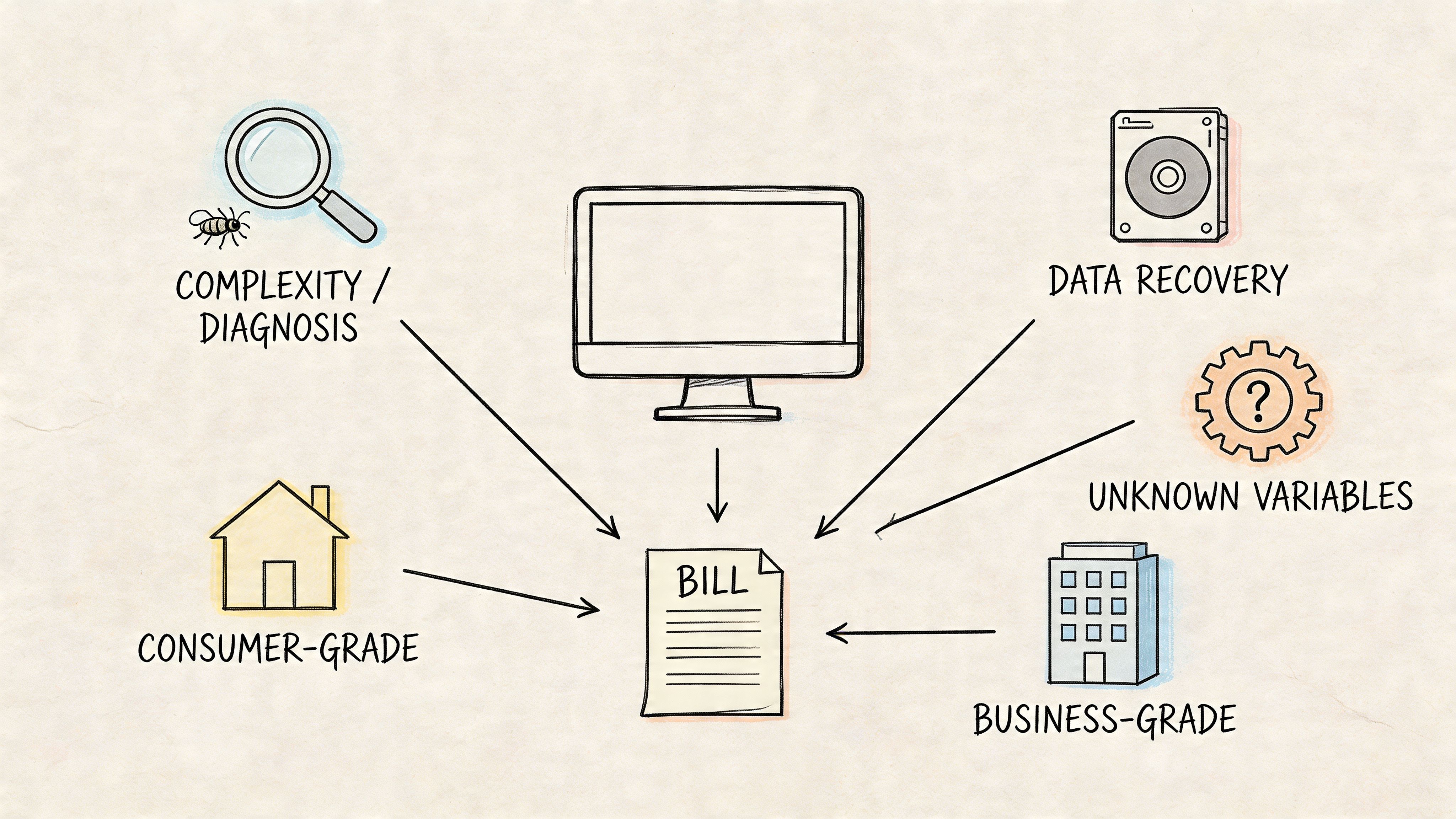 A hand-drawn illustration showing factors that influence the final cost of a computer repair service bill.