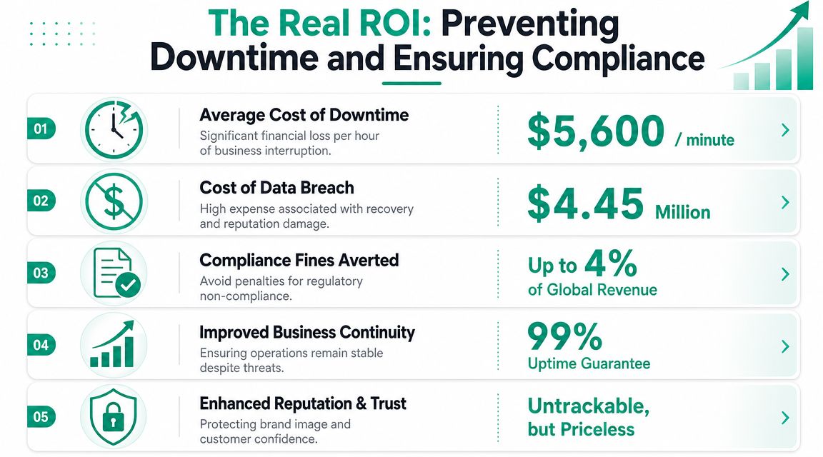 An infographic titled The Real ROI showing financial and operational benefits of preventing downtime and ensuring compliance.