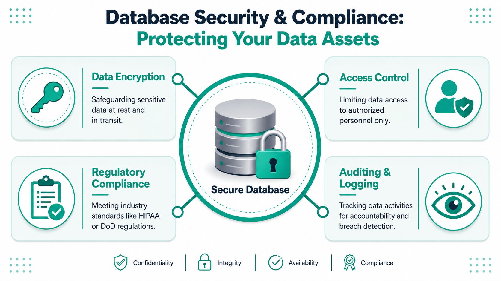 A diagram illustrating essential database security and compliance strategies including encryption, access control, auditing, and regulatory adherence.