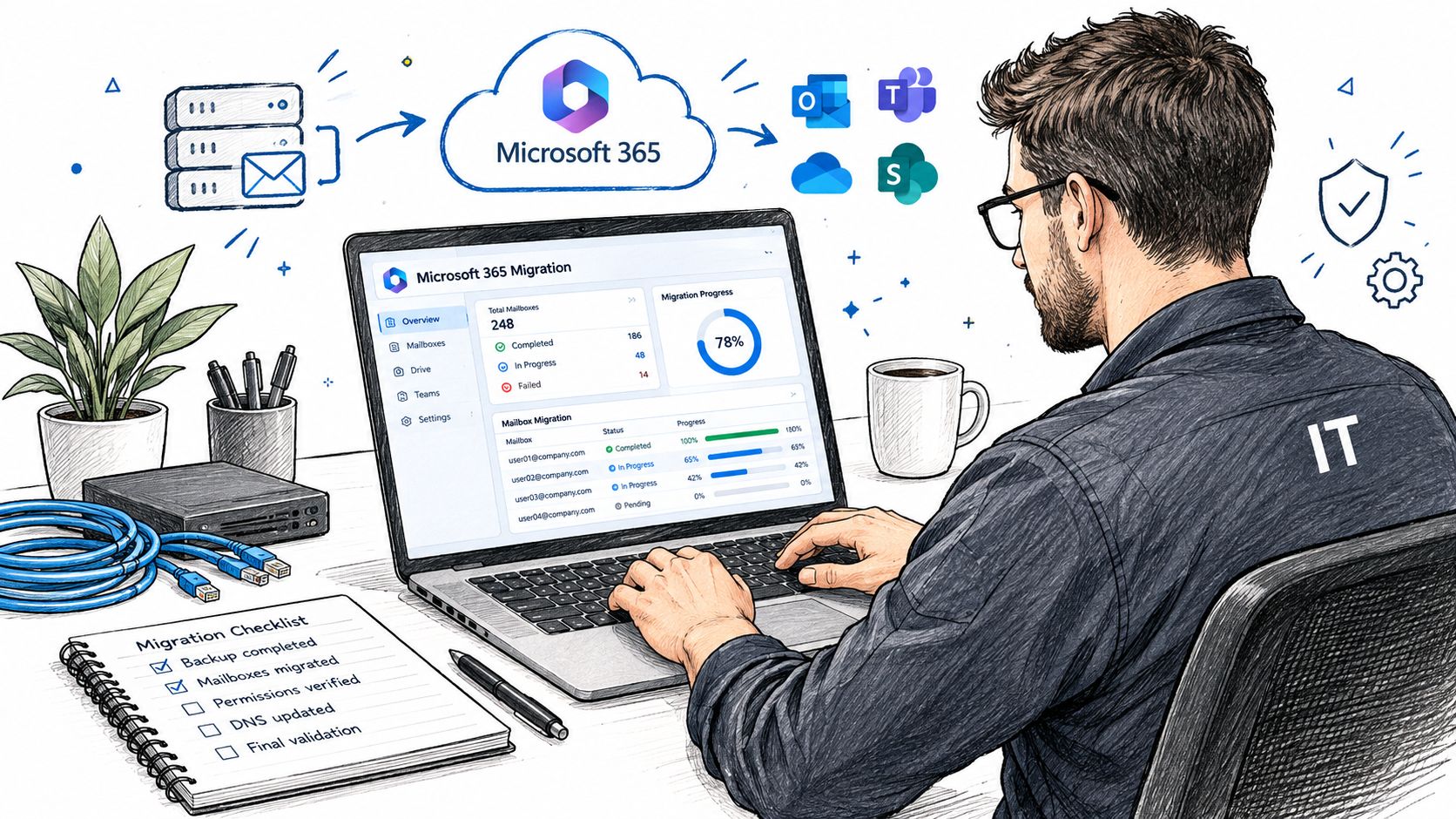 An IT professional monitoring a Microsoft 365 migration process on a laptop at a desk.