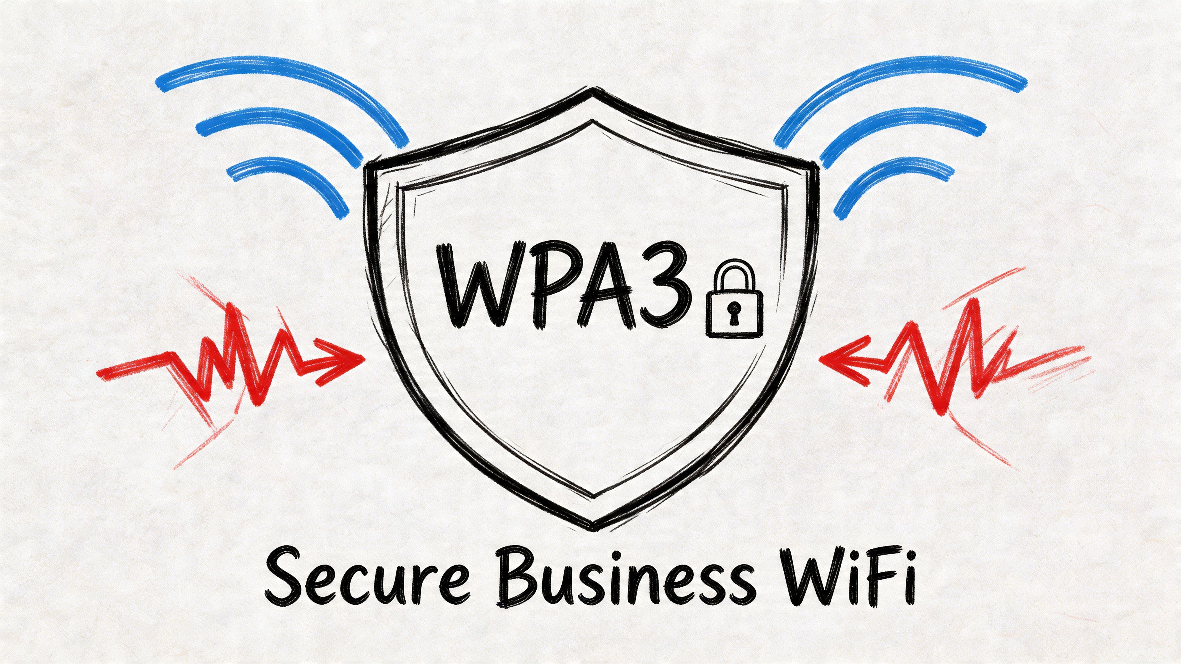 A hand-drawn illustration showing a shield protecting WPA3 Wi-Fi connection against potential cyber threats and attacks.