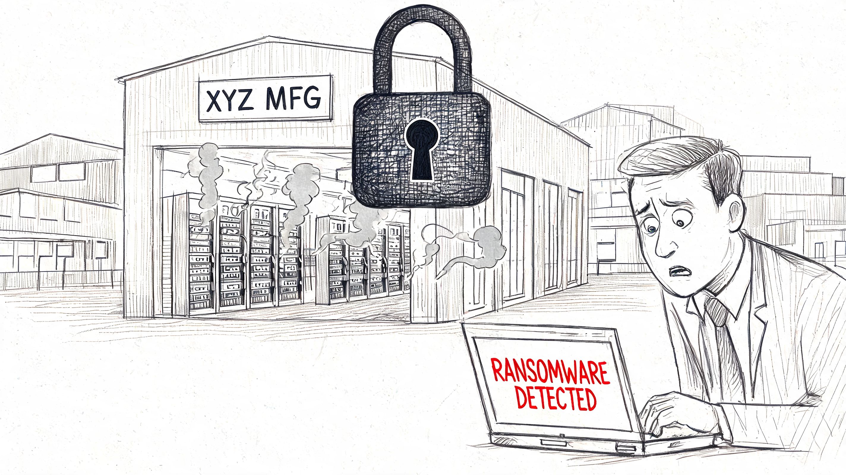 A concerned professional looks at a laptop showing ransomware detected in front of a factory server room.
