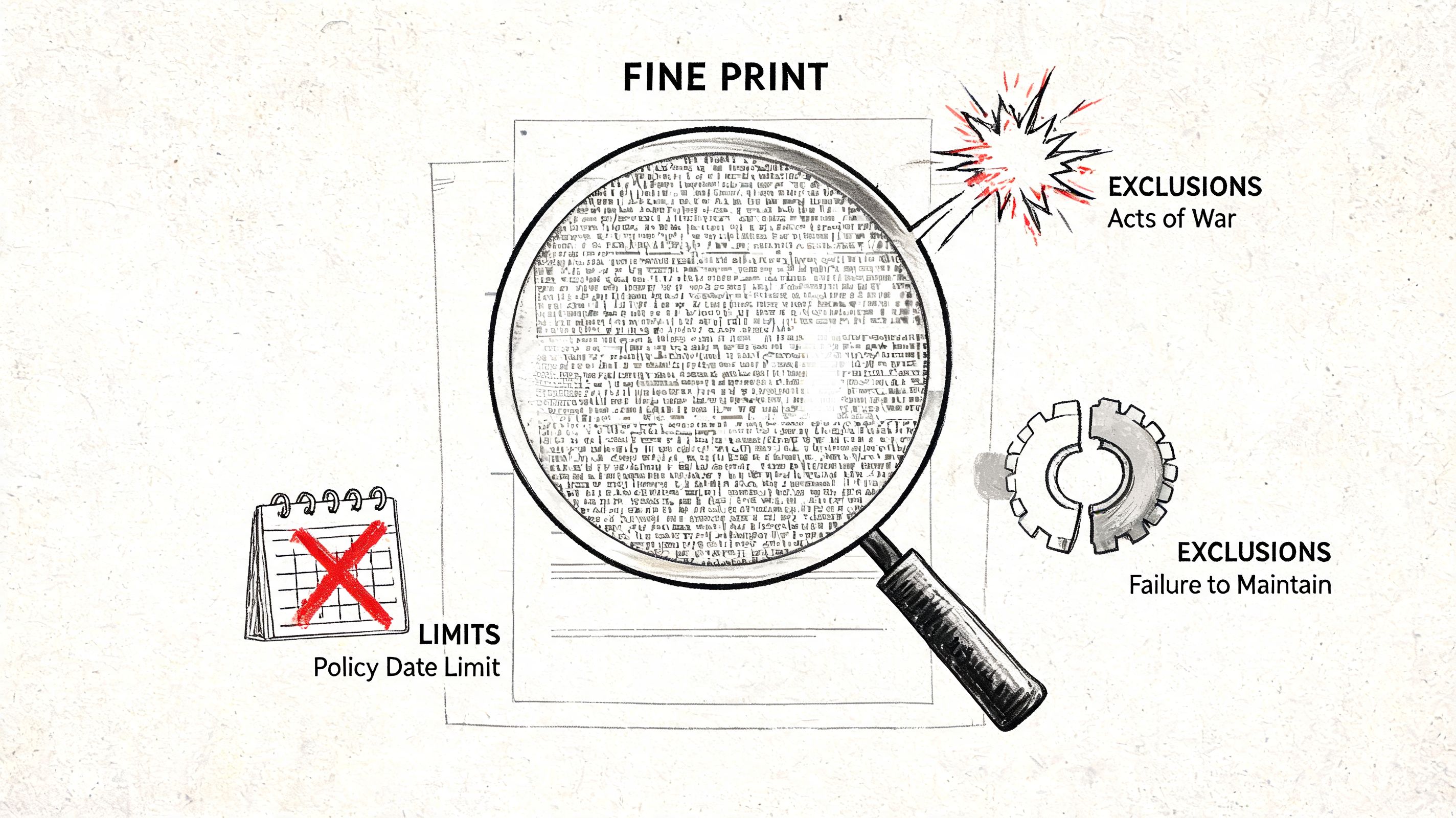 A magnifying glass inspecting fine print document with icons for insurance exclusions and policy date limits.