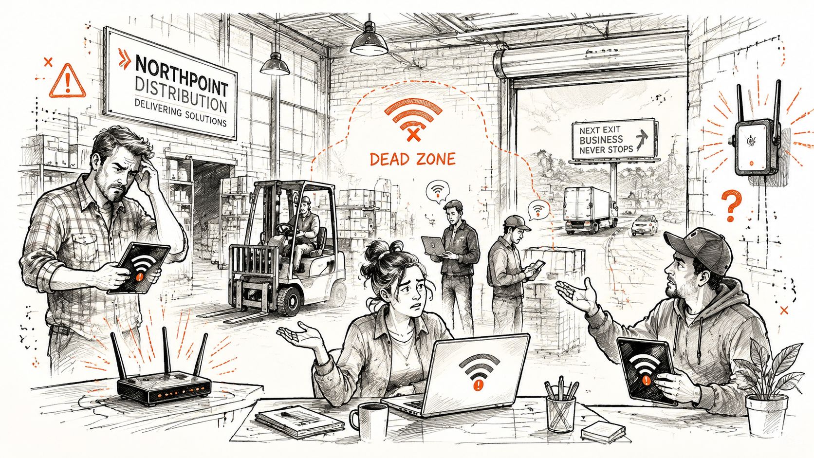A pencil sketch of warehouse employees frustrated by connectivity issues in a wireless network dead zone area.