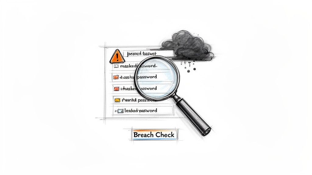 A sketch depicting a password breach check interface with a magnifying glass, warning signs, and a cloud, highlighting leaked passwords.