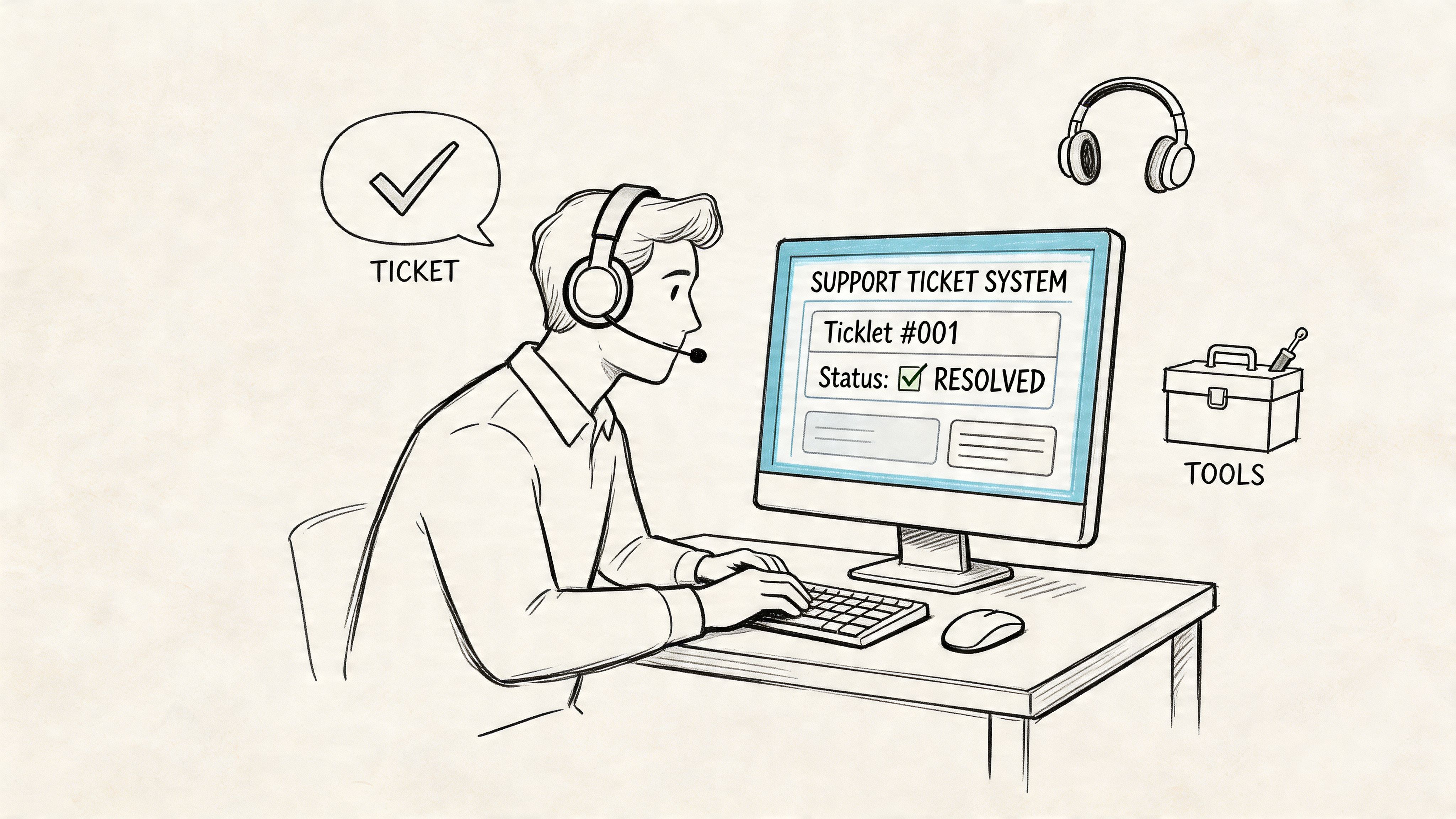 A support agent wearing a headset working on a computer to resolve a support ticket online.