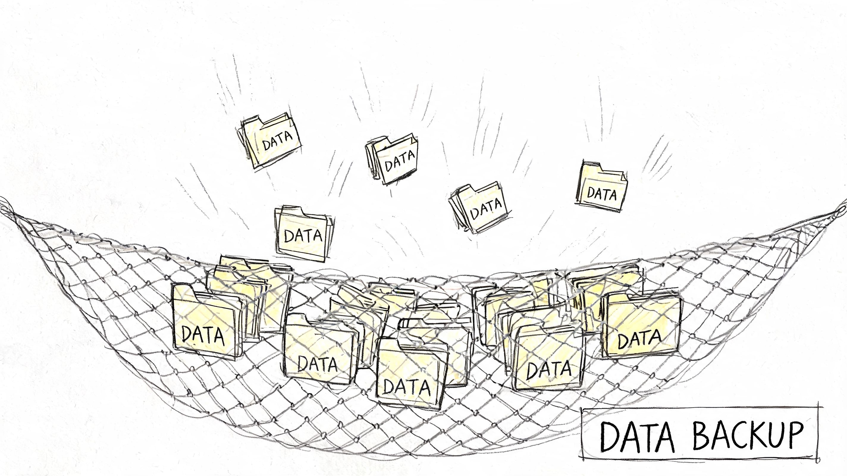 A digital illustration showing many yellow folders labeled DATA being caught in a protective storage net.