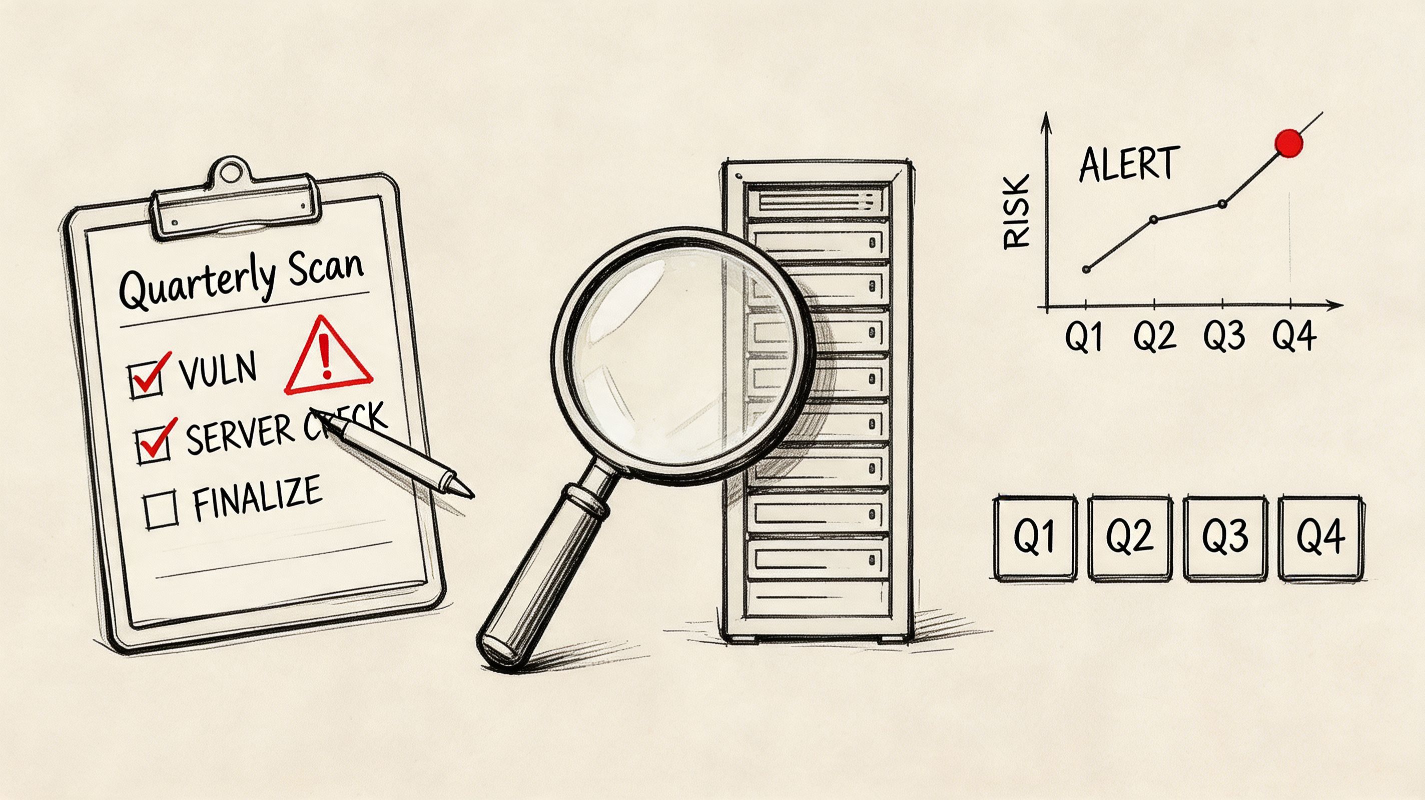 A hand-drawn illustration showing a quarterly scan checklist, server, magnifying glass, and a rising risk chart.