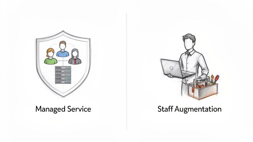 Illustration comparing Managed Service with people and servers in a shield, and Staff Augmentation with a technician holding a laptop and toolbox.