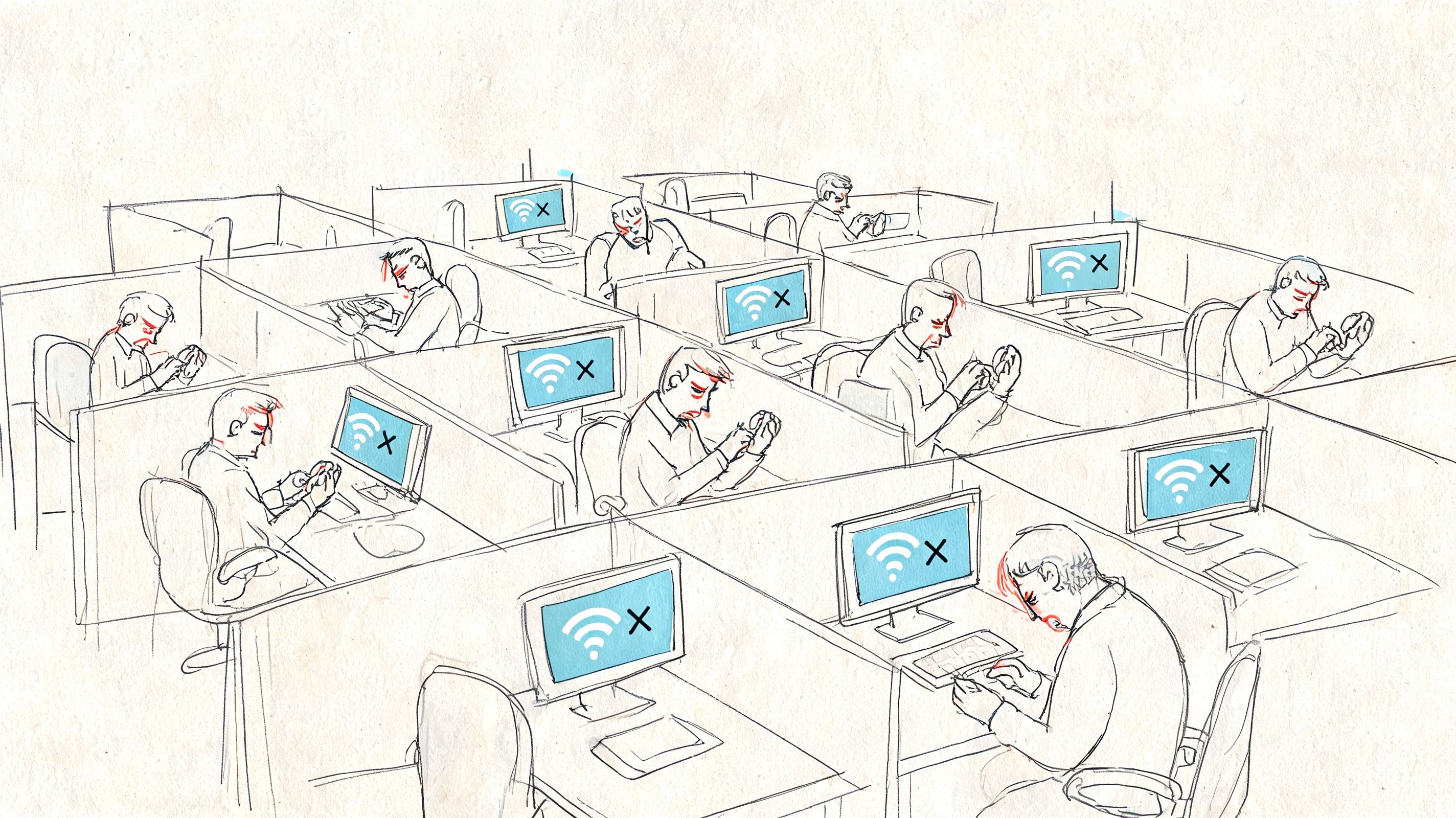 A line drawing of an office with frustrated employees working at desks with broken internet connections.