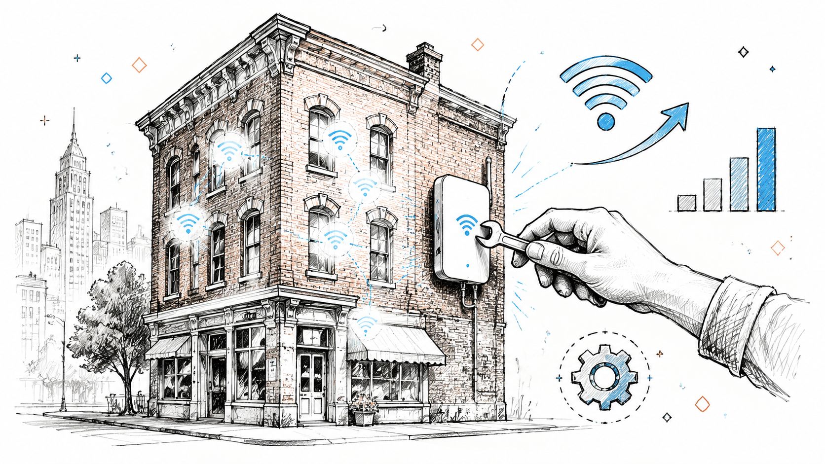 A hand using a wrench to repair a network device on the exterior of a brick building.