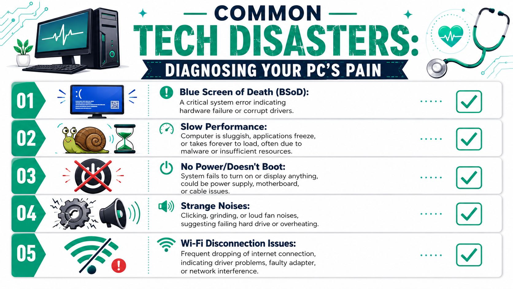 A diagnostic infographic detailing five common computer tech disasters like crashes, slow performance, and hardware noise issues.