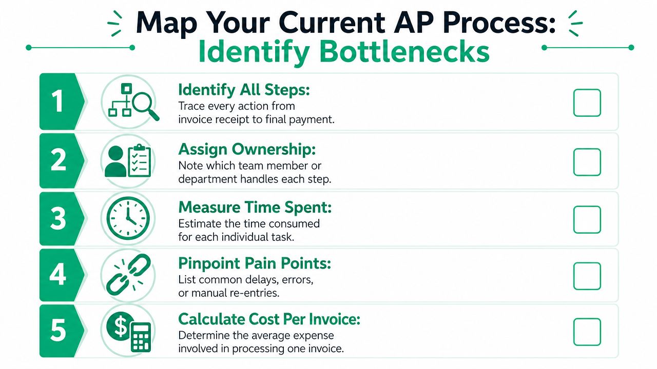 A five-step checklist for mapping accounts payable processes to identify bottlenecks and improve efficiency.