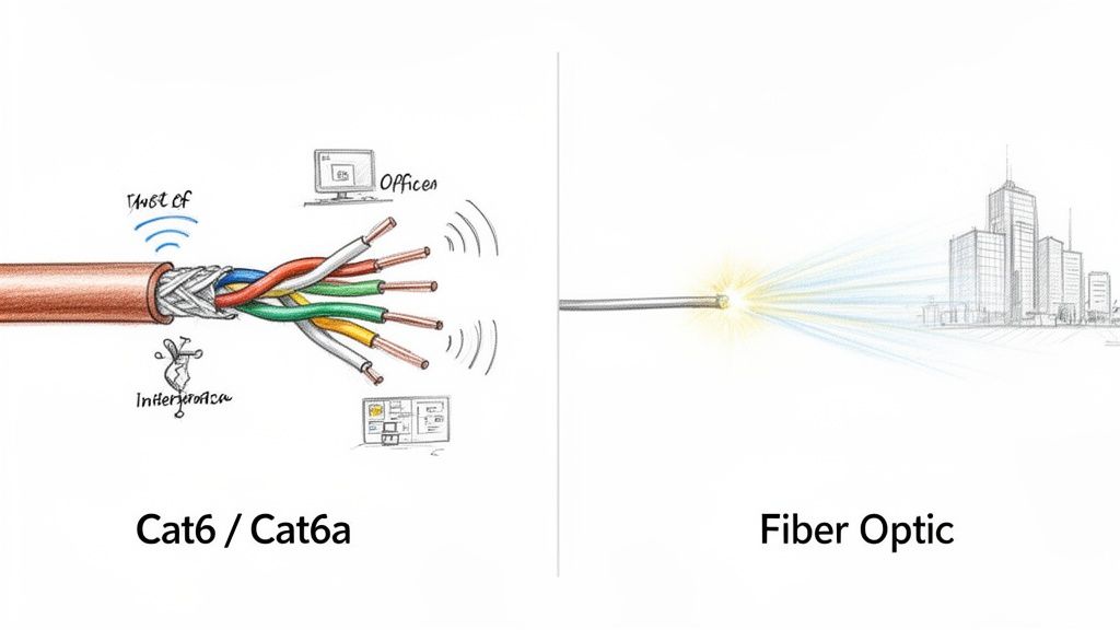 A detailed illustration comparing Cat6/Cat6a copper cable showing interference versus fiber optic cable transmitting light to a city skyline.
