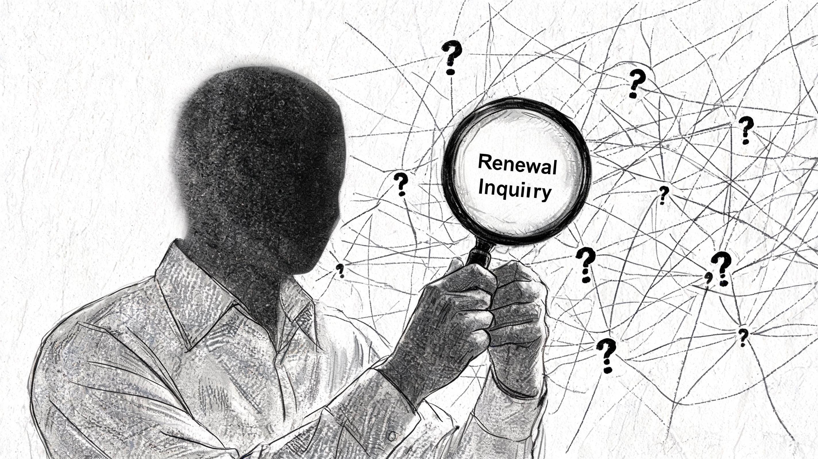 A shadowy figure uses a magnifying glass to investigate a complex mess of scattered question marks.